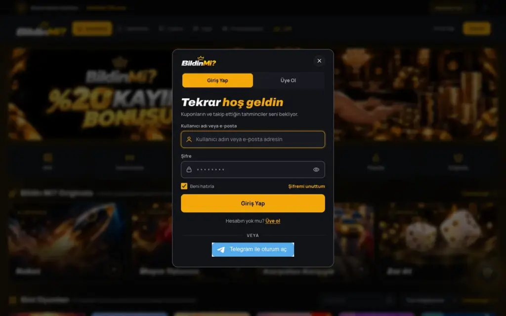 Giriş penceresi: kullanıcı adı, şifre, Beni hatırla ve Telegram ile oturum aç