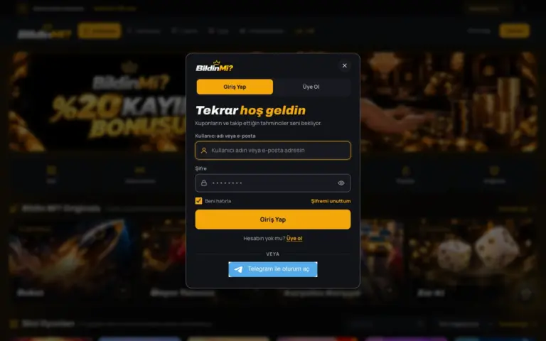 Platformun giriş penceresi: kullanıcı adı veya e-posta, şifre alanı, Beni hatırla kutusu, Şifremi unuttum bağlantısı ve Telegram ile oturum aç düğmesi