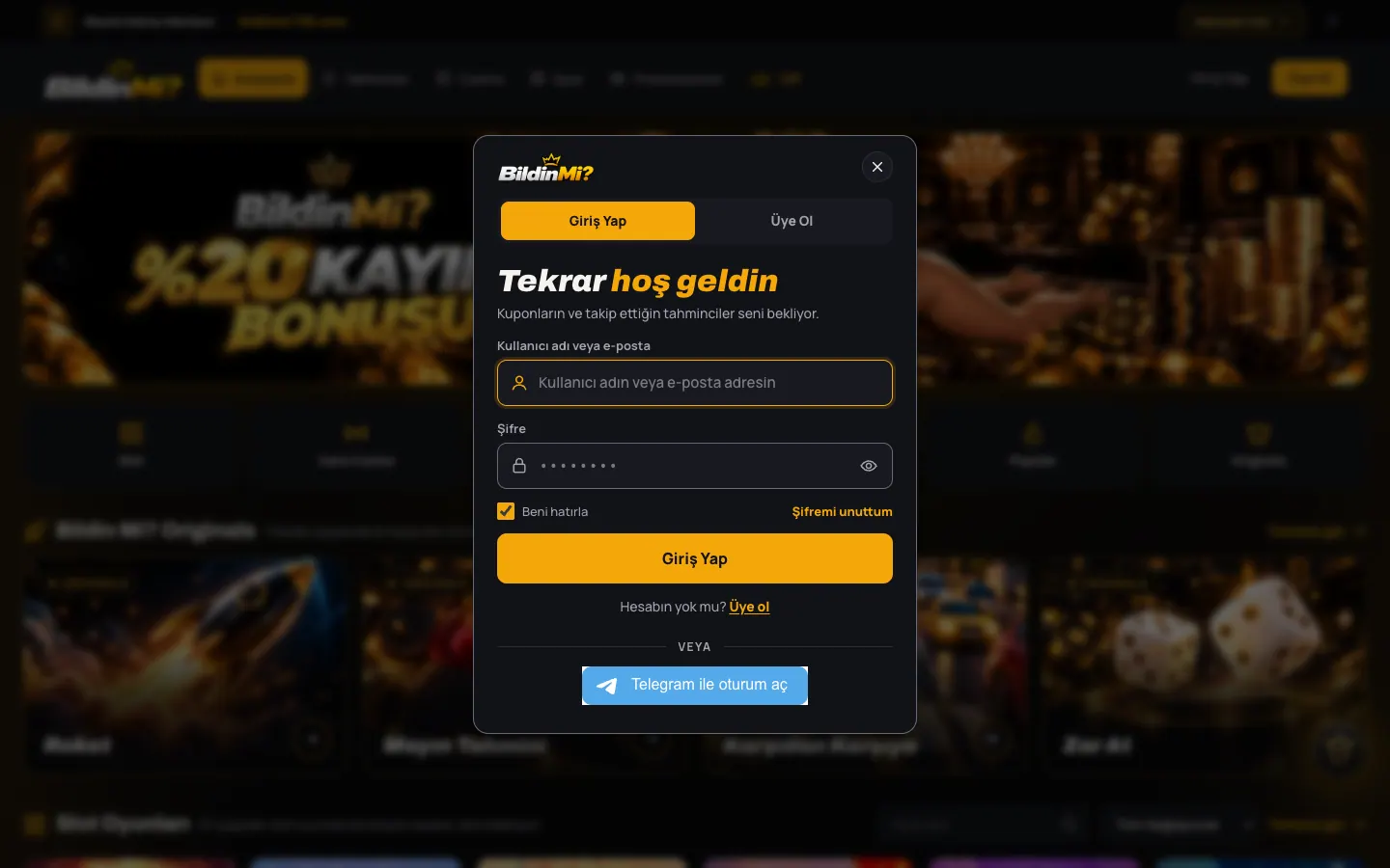 Platformun giriş penceresi: kullanıcı adı veya e-posta, şifre alanı, Beni hatırla kutusu, Şifremi unuttum bağlantısı ve Telegram ile oturum aç düğmesi