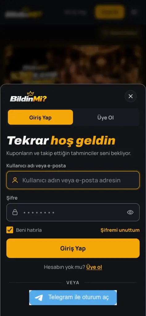 Mobil tarayıcıda açılmış giriş penceresi, kullanıcı adı ve şifre alanları